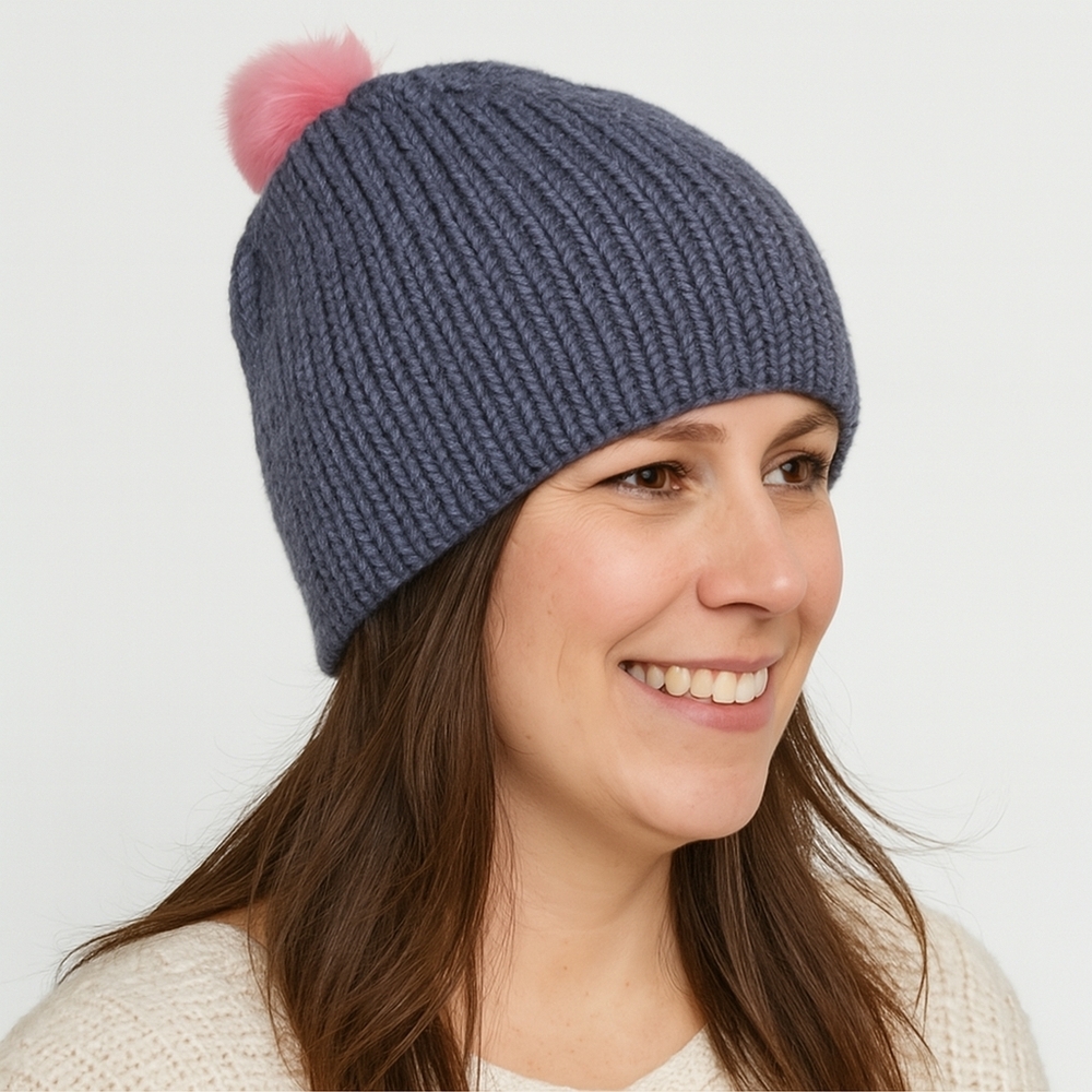Hand Knit Adult Size Dark Grey Beanie with Pink Pom